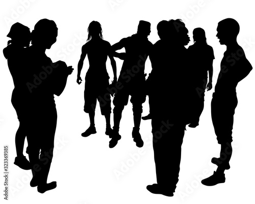 Big crowds people on street. Isolated silhouette on a white background