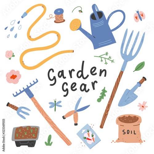 Garden gear, gardening tools and supplies for farmers. Watering can, rake and showel, isolated vector illustrations, hand drawn cartoon style, equipment for gardeners and plant lovers