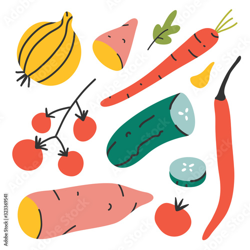 Vegetables set, fresh organic veggies isolated on white background. Sweet yam potato, cherry tomato, potato and chili pepper, handdrawn vector illustration of ripe vegetables harvest, flat drawing.