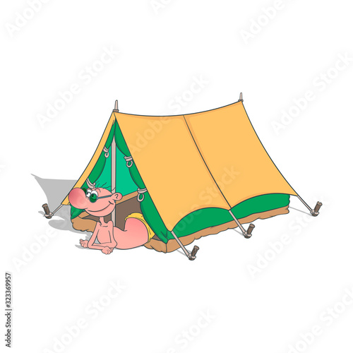 Cartoon tourist lies in a tent. Vector illustration on a white background.