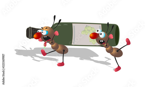 Cartoon ants drag a bottle of wine. Vector illustration.