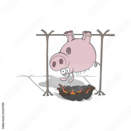 Cartoon pig fries at the stake. Vector illustration on a white background.
