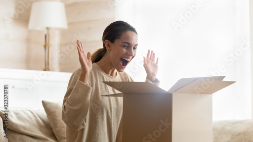 Overjoyed female customer happy with internet delivery order