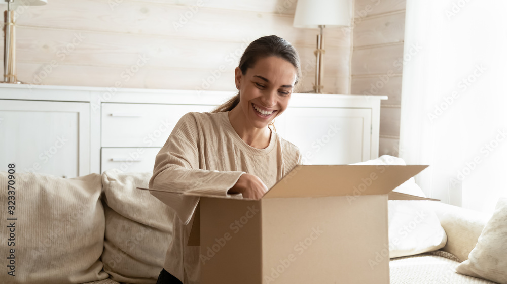 Happy young woman satisfied with internet shopping order Happy young woman satisfied with internet shopping order