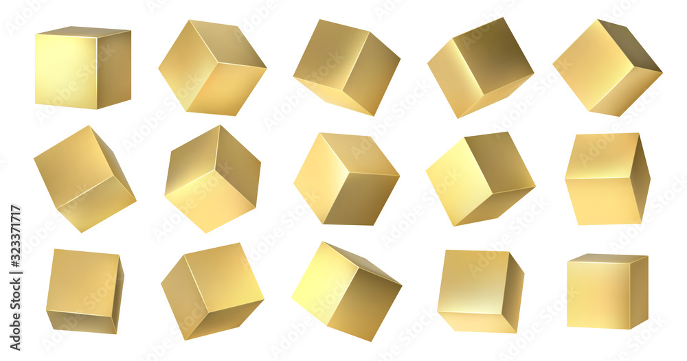 Golden cubes. Realistic 3D blocks of yellow metal from different isometric angles, golden square shapes design. Vector metallic set 3D isometric yellow metal box on white background Golden cubes. Realistic 3D blocks of yellow metal from different isometric angles, golden square shapes design. Vector metallic set 3D isometric yellow metal box on white background