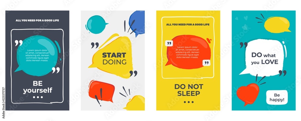 Quote frames. Colored posters with frames and motivation text, dialog and opinion speech bubbles. Vector citation creative graphic banners