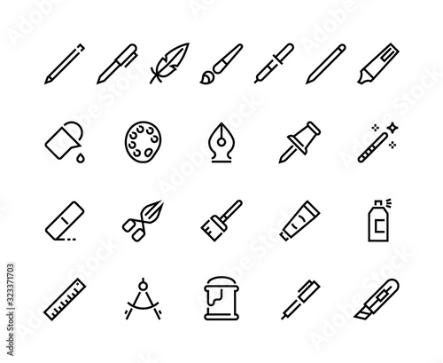 Drawing tools line icons. Minimal pencil pen brush bucket pallet stroke pictograms, writing and art web interface symbols. Vector set flat seal pictogram