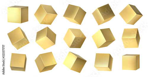 Golden cubes. Realistic 3D blocks of yellow metal from different isometric angles, golden square shapes design. Vector metallic set 3D isometric yellow metal box on white background