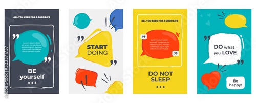 Quote frames. Colored posters with frames and motivation text, dialog and opinion speech bubbles. Vector citation creative graphic banners photo