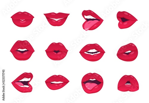 Female lips. Cartoon sexy woman smile, open closed and smiley mouth, red lips isolated on white. Vector lips kiss gesture and makeup, smiling image lip girl
