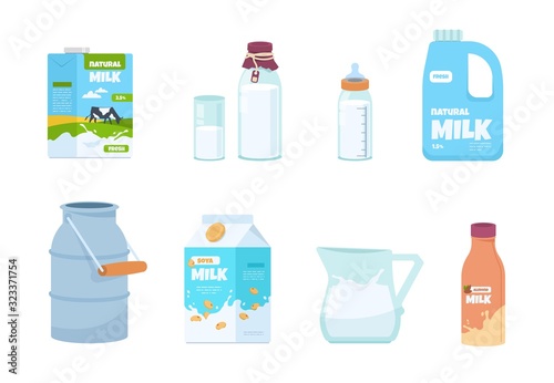 Cartoon milk. Plastic bottle, white food container, carton package, bottle and glass with milk. Vector set illustration of isolated packs for milk with fresh product in traditional carton