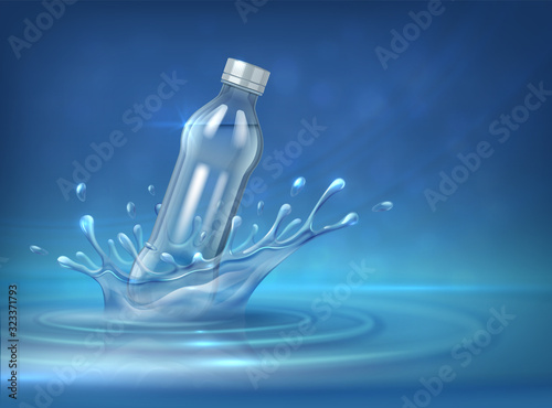 Water bottle advertising. Realistic 3D background with splashes water surfaces and empty water container. Vector blue mockup for commercial design product photo
