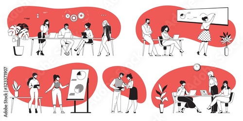 Office discussions. Business presentation and negotiation on project with cartoon office workers. Vector deadline discussion and co-working set, management technology active leadership concept