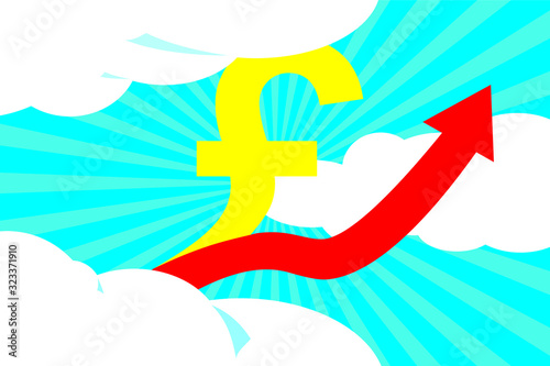 Illustration depicting the sign of the British pound with a stylized arrow pointing up which rises through the clouds. Concept - the exchange rate of the national currency is growing.