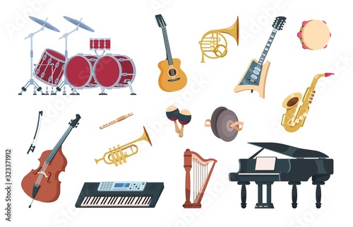 Musical instruments. Acoustic, electric and percussion cartoon vintage equipment for music concerts and party. Vector illustration music instrument jazz, folk and traditional set