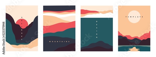 Landscape minimal poster. Abstract geometric banners with mountains lakes and waves. Vector illustration postcard travel and adventure flyers with curve nature shapes