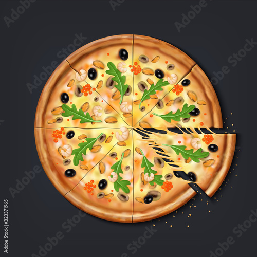 Realistic pizza pieces. Fresh pizza part with stretching cheese ready to eat, traditional Italian food with mozzarella and tomatoes. Vector illustration 3D top view round european snacks with cheese