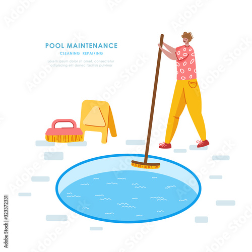 Swimming pool maintenance or cleaning service, young man in uniform clean swimming pool walls and water, worker with brush - flat vector banner or landing for website, landing, banner