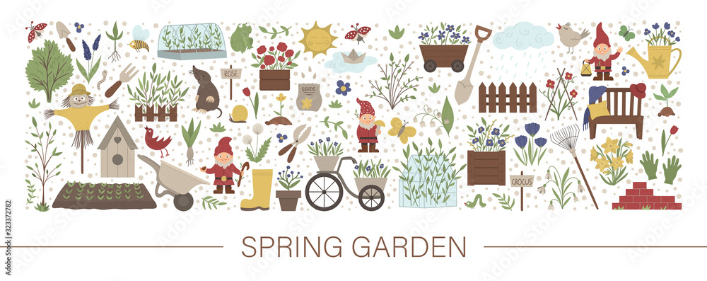 Fototapeta premium Vector horizontal layout set with garden tools, flowers, herbs, plants, insects. Gardening equipment banner, party invitation or background. Cute funny spring card template..
