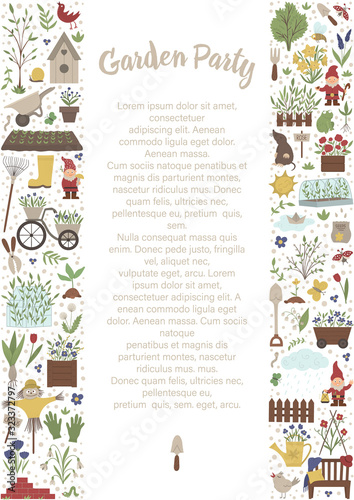 Vector vertical layout frame with garden tools, flowers, herbs, plants, insects. Gardening equipment banner, party invitation or background. Cute funny spring card template..