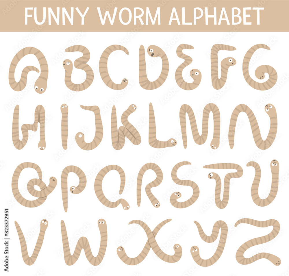 Spring garden themed alphabet for children with worms. Cute flat ABC with insects. Horizontal layout funny poster for teaching reading on white background.. Spring garden themed alphabet for children with worms. Cute flat ABC with insects. Horizontal layout funny poster for teaching reading on white background..