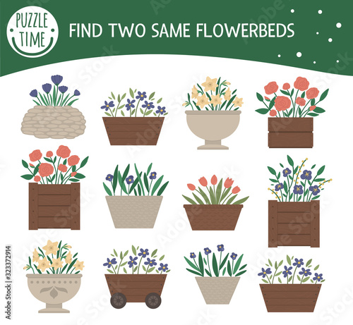 Find two same flower beds. Garden or park themed matching activity for preschool children with cute plants. Funny spring game for kids. Logical quiz worksheet..