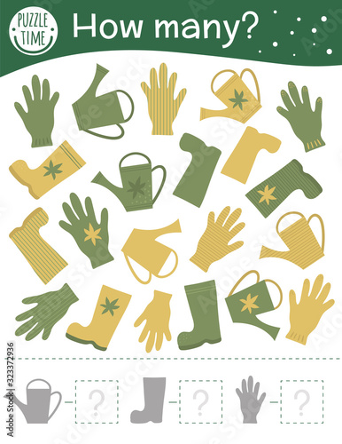 Counting game with garden symbols. Spring math activity for preschool children. How many objects worksheet. Educational riddle with cute funny pictures..