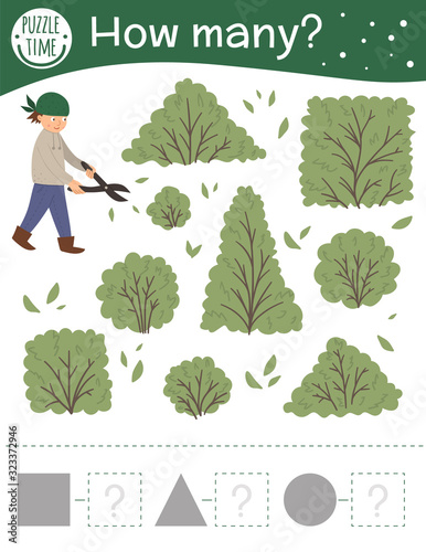 Counting game with boy cutting shrubs. Spring math activity for preschool children. How many objects worksheet with shapes. Educational riddle with cute funny pictures..