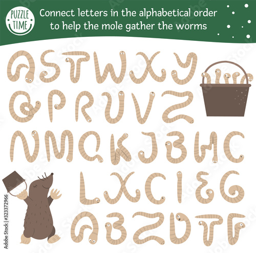 Spring ABC game with cute characters. Garden alphabet maze activity for preschool children. Choose letters from A to Z to help the mole gather the worms..