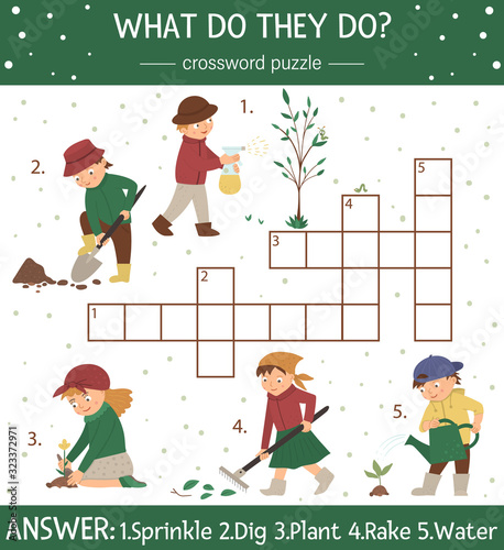 Vector spring garden crossword puzzle. Bright and colorful spring quiz for children. Educational holiday activity with cute kids doing gardening works.