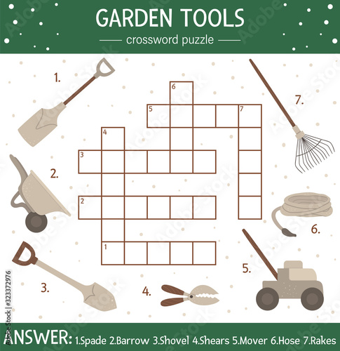 Vector spring garden crossword puzzle. Bright and colorful spring quiz for children. Educational holiday activity with gardening tools.