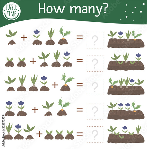 Math game with plants in a bed. Spring mathematic activity for preschool children. Garden counting worksheet. Educational addition riddle with cute funny elements..