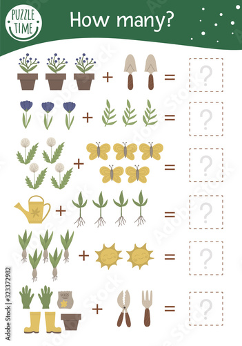 Math game with garden symbols. Spring mathematic activity for preschool children. Printable counting worksheet. Educational addition riddle with cute funny elements..