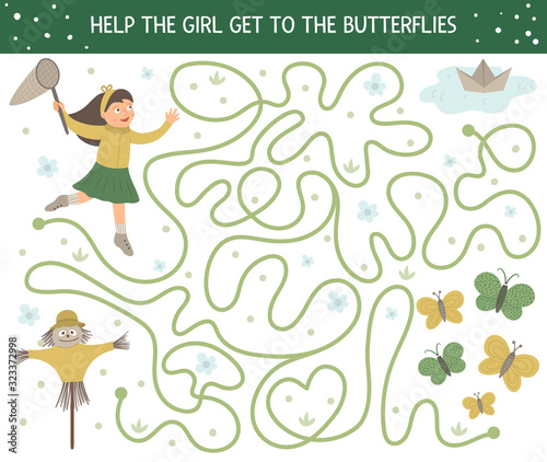 Spring maze for children. Preschool garden activity. Funny puzzle game with cute girl with a net, insects, scarecrow, paper ship. Help the girl get to the butterflies..
