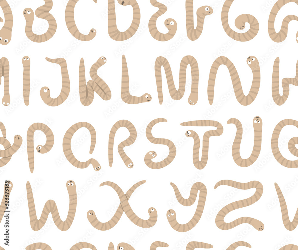 Spring garden themed alphabet seamless pattern for children with worms. Cute flat ABC repeating background with insects. Funny texture for teaching reading on white background.. Spring garden themed alphabet seamless pattern for children with worms. Cute flat ABC repeating background with insects. Funny texture for teaching reading on white background..