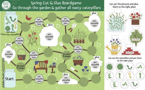 Garden adventure cut and glue board game for children with cute characters. Educational spring boardgame activity. Go through the garden and gather all the nasty caterpillars. photo