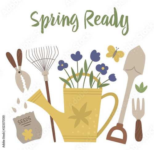 Vector illustration of colorful garden tools with flowers and plants. Flat style spring picture. Watering can with flowers, rakes, seeds, butterfly. Gardening themed concept..