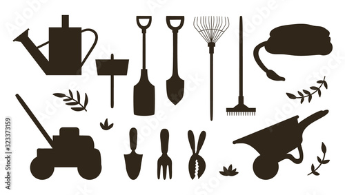 Vector set with silhouettes of garden tools, flowers, herbs, plants. Collection of black and white gardening equipment. Flat spring illustration .