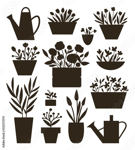 Vector illustration of plants in pots and beds with watering cans silhouettes . Flat trendy hand drawn set of houseplants for home gardening design. Collection of beautiful spring and summer flowers.
