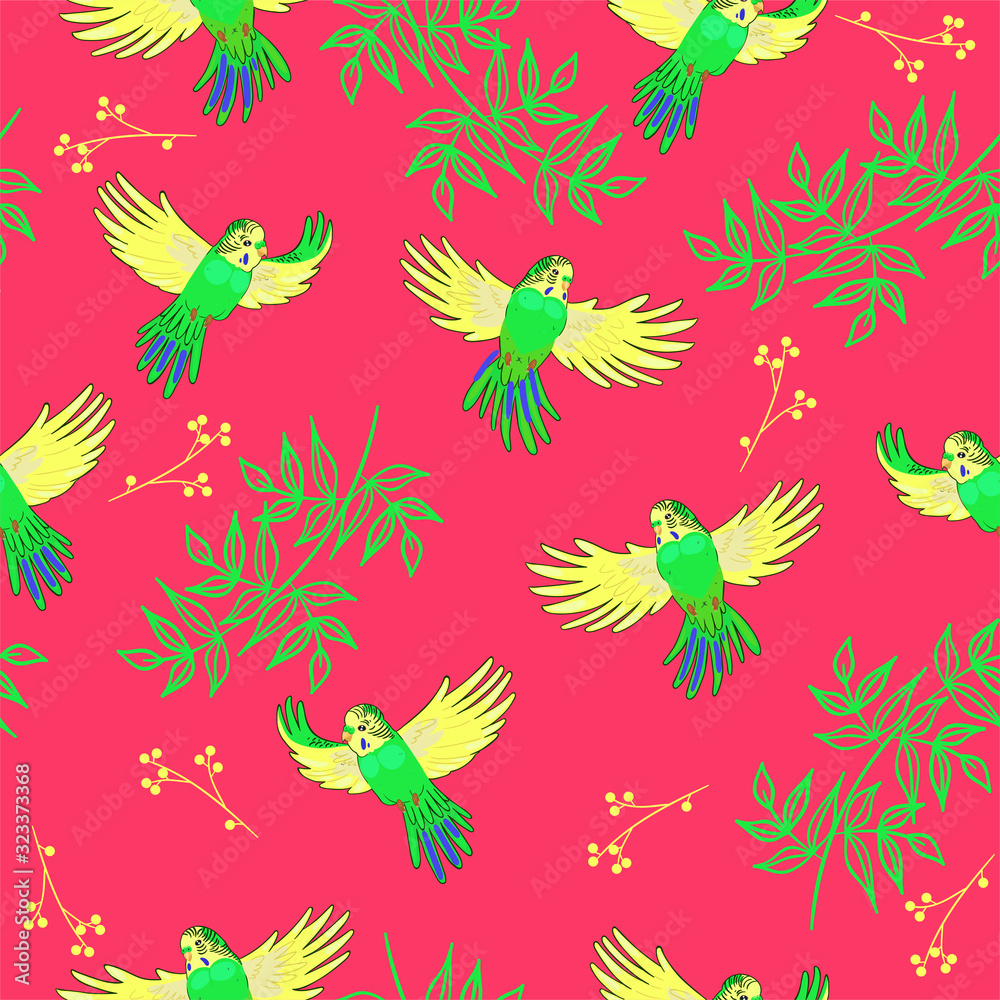 Obraz premium Seamless pattern of budgies in flight. Vector graphics.