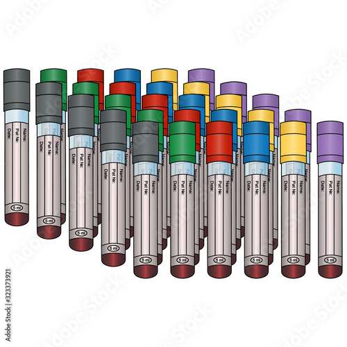 Tubes with blood tests of patients. Set of vector illustrations. Isolated background. Place for your text. Various types of research. Plasma diagnostics. Collection with colored caps. Medical topics.