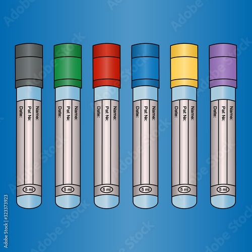 Empty vacuum tubes for several types of analysis of venous blood tests. Set of vector illustrations. Isolated blue background. Test tubes for patient plasma diagnostics. Collection of clinical samples