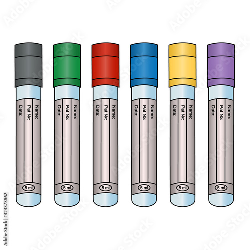 Empty vacuum tubes for several types of analysis of venous blood tests. Set of vector illustrations. Isolated background. Test tubes for patient plasma diagnostics. Collection of clinical samples.