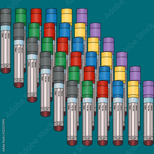 Tubes with blood tests of patients. Set of vector illustrations. Isolated green background. Place for your text. Various types of research. Plasma diagnostics. Collection with colored caps. Medical.
