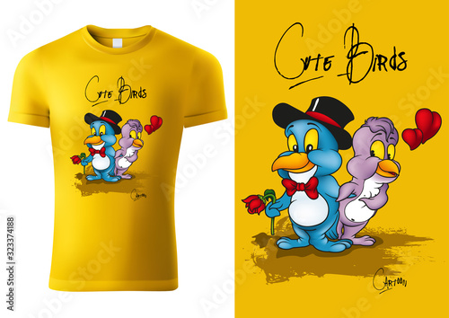 Yellow Child T-shirt Design with Cartoon Bird Characters - Cheerful Unisex Illustration, Vector