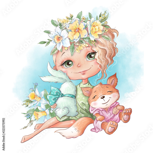 Cute cartoon girl with a rabbit and a chanterelle friends, with spring flowers