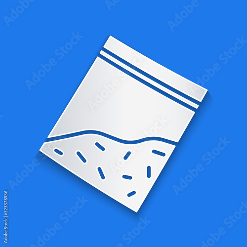 Paper cut Plastic bag of drug icon isolated on blue background. Health danger. Paper art style. Vector Illustration
