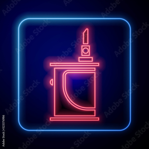 Glowing neon Electronic cigarette icon isolated on blue background. Vape smoking tool. Vaporizer Device.  Vector Illustration