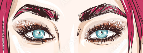 Close-up eyes, fashionable look, evening makeup with sparkles, hand-drawn vector for design t-shirts typography cards and posters. . Bright pink hair. Girl with blue eyes .