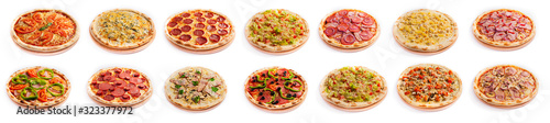 Set of pizza isolated, side view, on white background. Pizza photo for for menu card, web design, site, shop, advertising or delivery fast food.